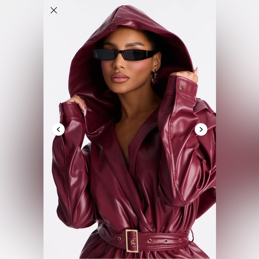 Sloane Hooded Cargo Leather Jumpsuit - Burgundy - Picture 3 of 6